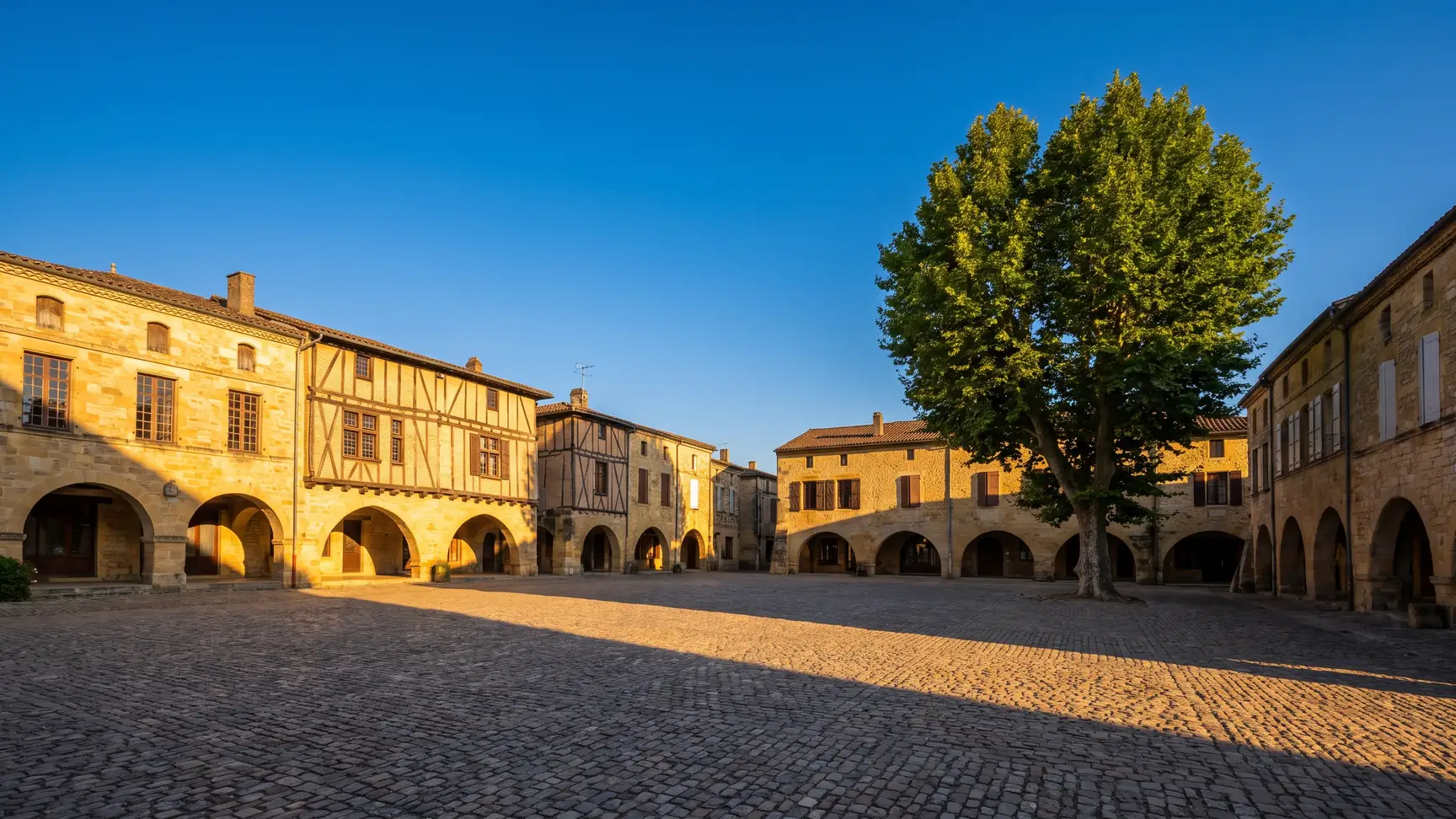 Una plaza de bastida rodeada de arcadas de piedra y casas antiguas, con cálidas sombras bajo los porches