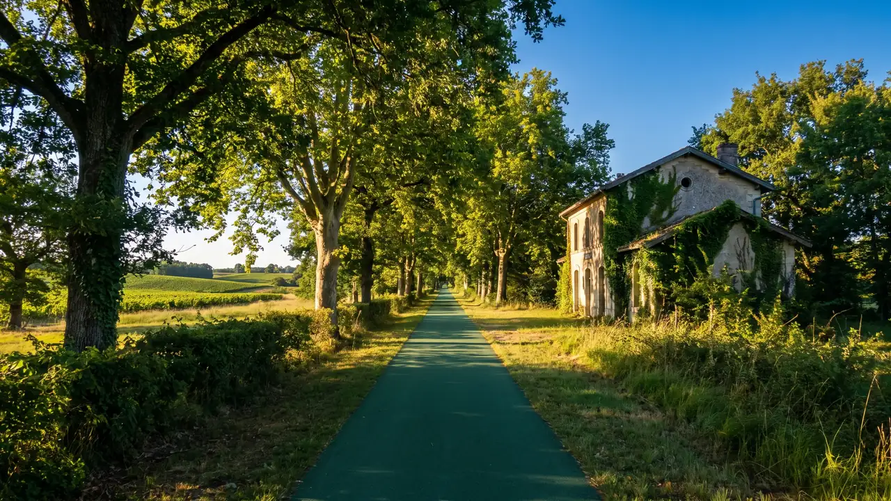 Una vía verde llana bordeada de árboles altos, una antigua vía férrea convertida en carril bici, una antigua estación de piedra
