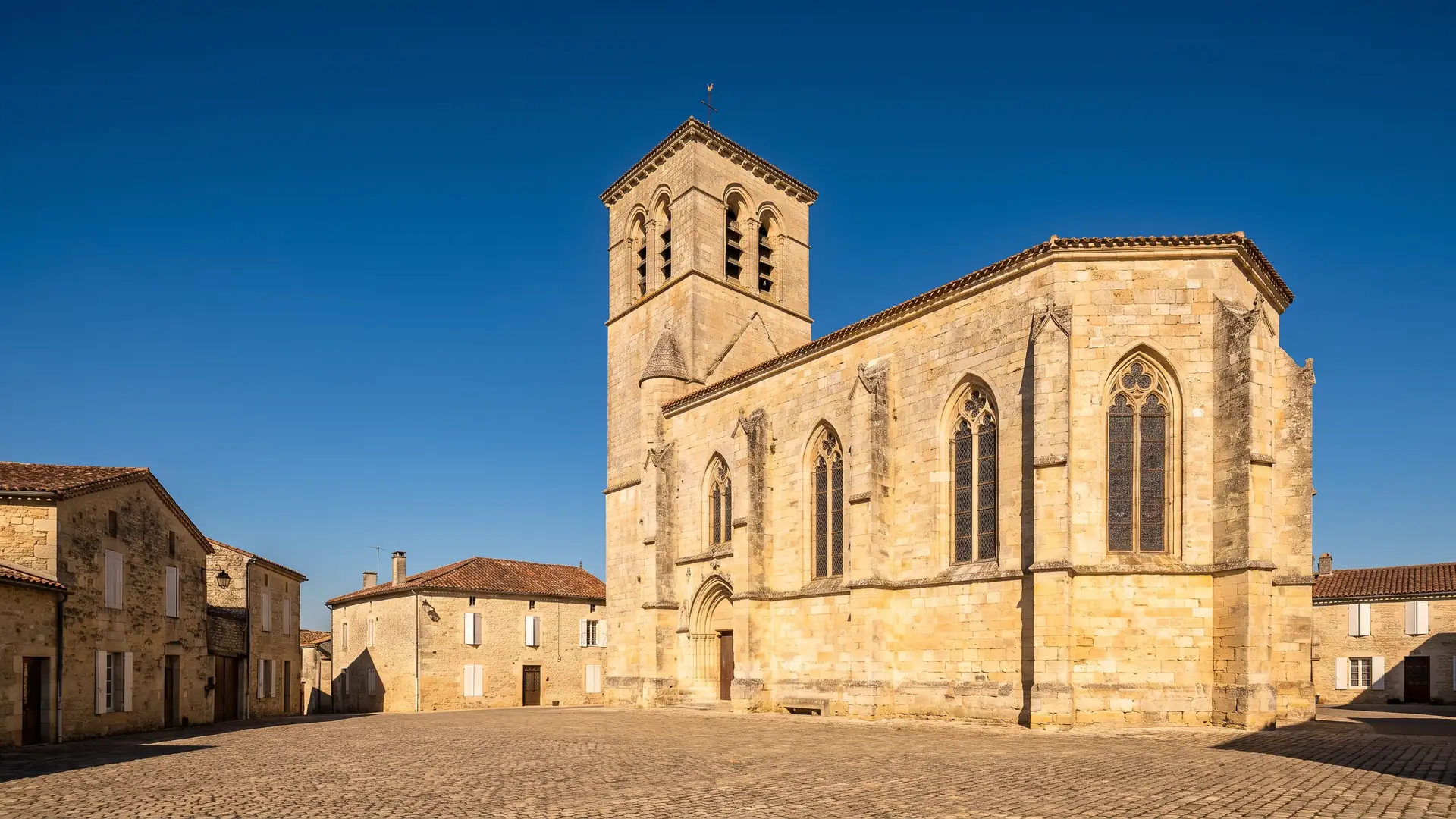 Una iglesia gótica de una bastida construida en piedra dorada, con un campanario-pórtico que se eleva sobre los tejados de tejas y una plaza