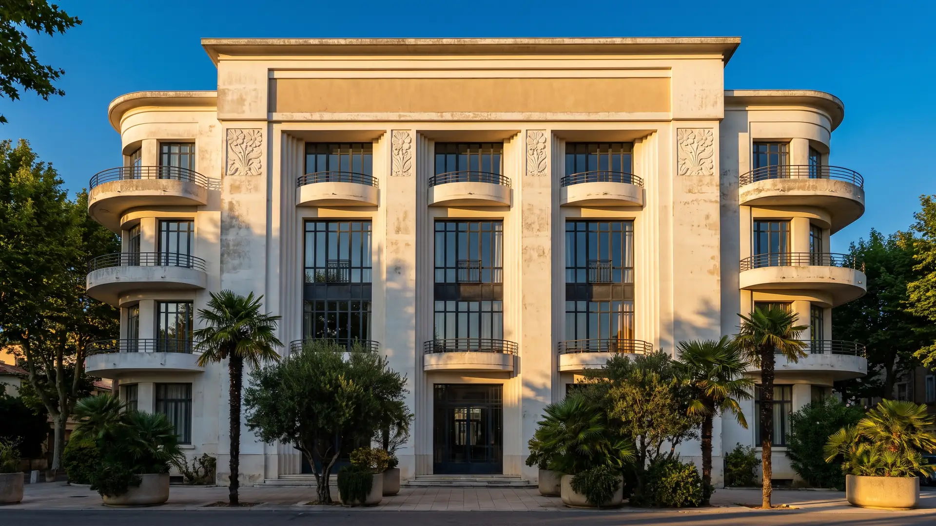 Una fachada de estilo Art Déco de la década de 1920, de piedra blanca, con balcones redondeados y bajorrelieves, y palmeras, en una ciudad balneario