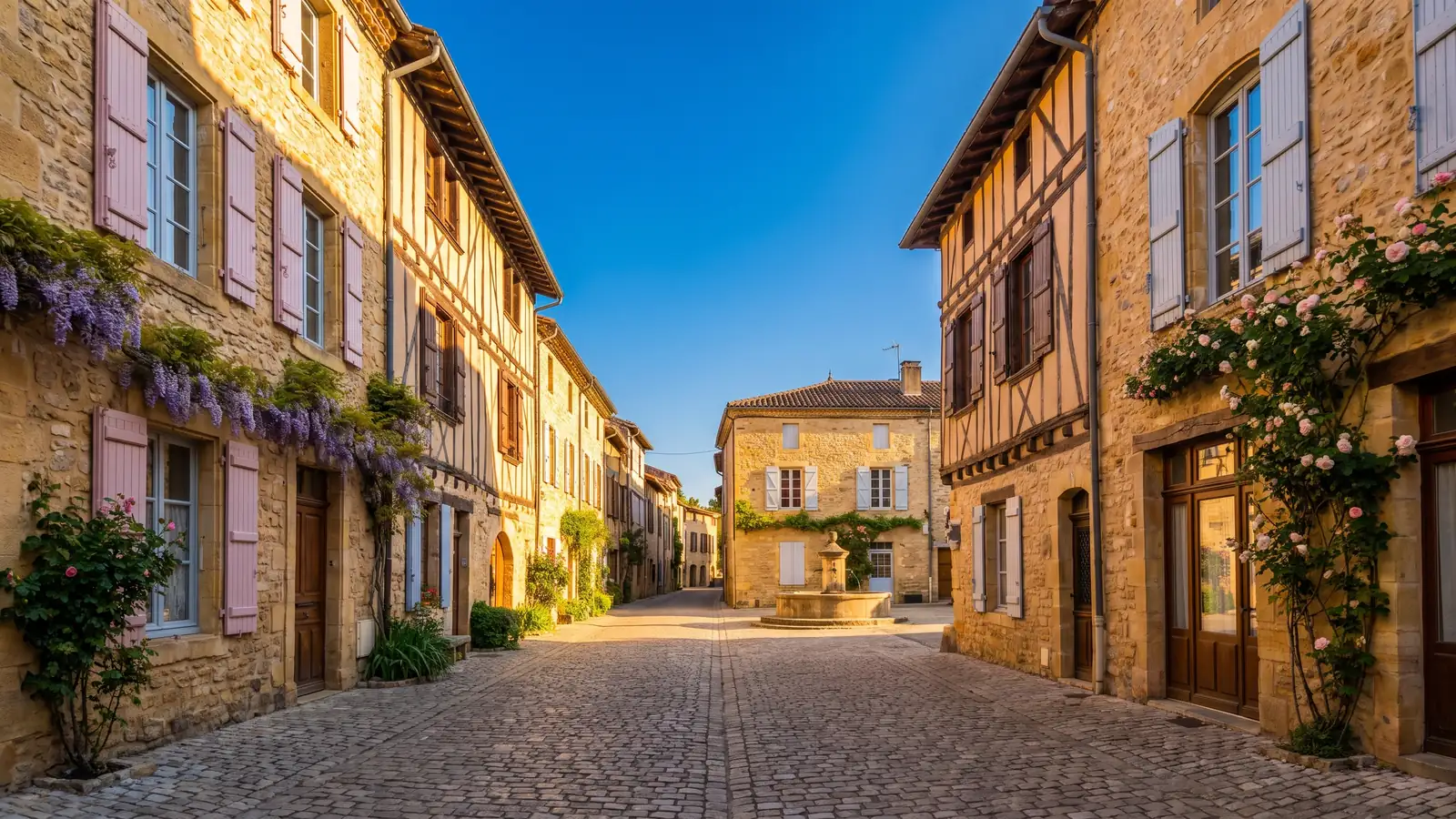 Una calle peatonal del casco antiguo de Dax a la hora dorada, con fachadas de entramado de madera y piedra, y una fuente al final