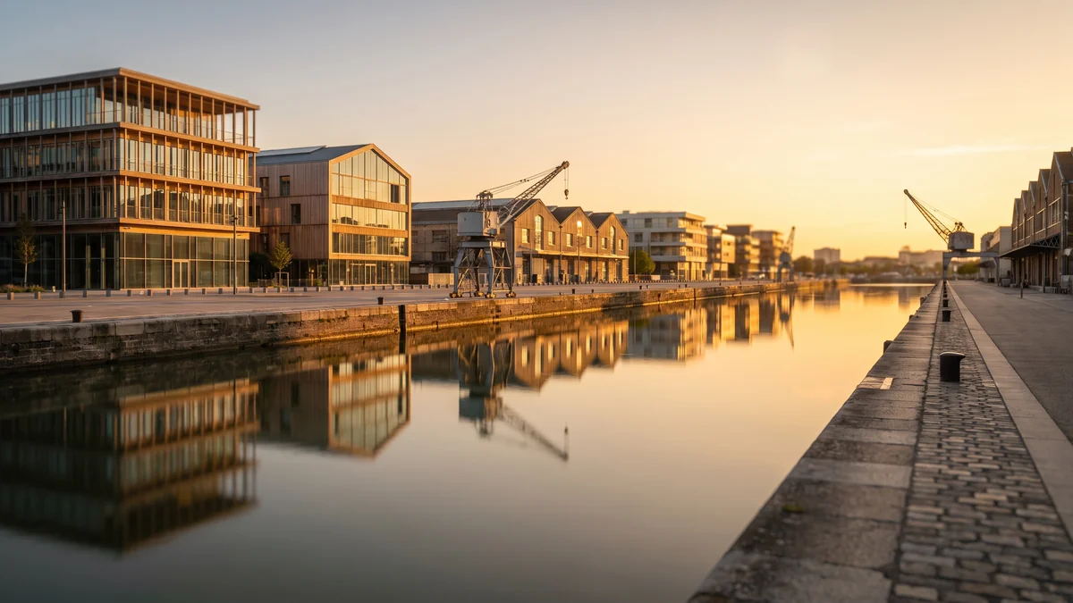 Muelles, hangares y grúas portuarias de los Bassins à flot de Burdeos al atardecer