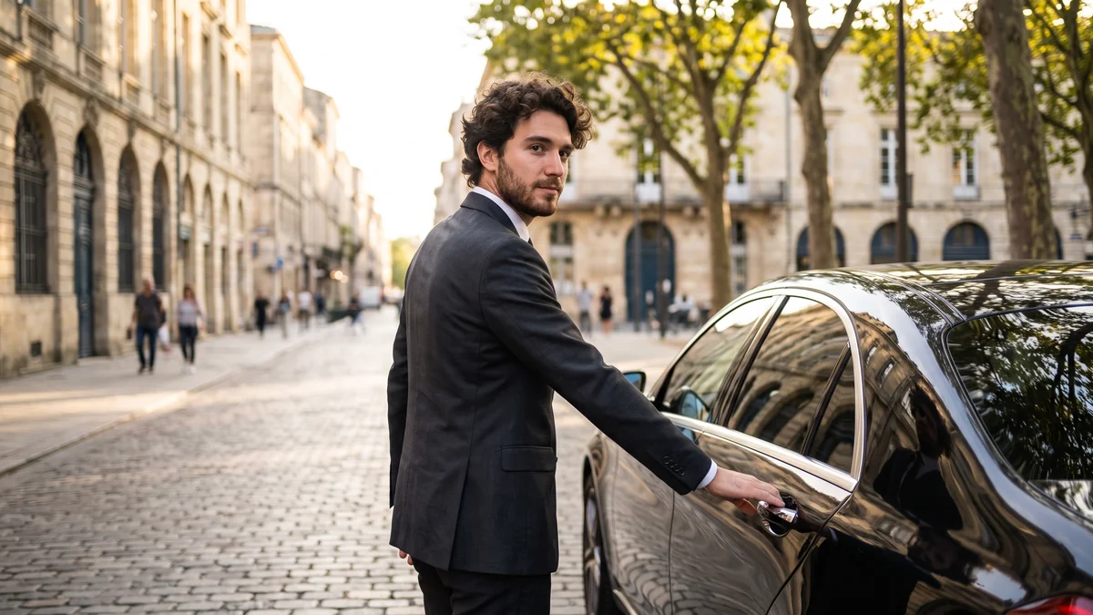 A chauffeur greeting a client with a sign bearing the client's name