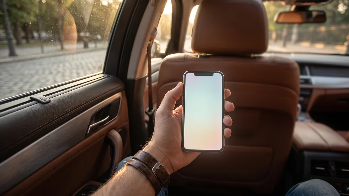 Booking an executive chauffeur service via smartphone from the back seat of a car in Bordeaux