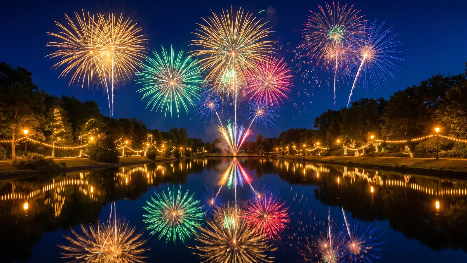 Fuegos artificiales reflejados en un lago en un parque festivo