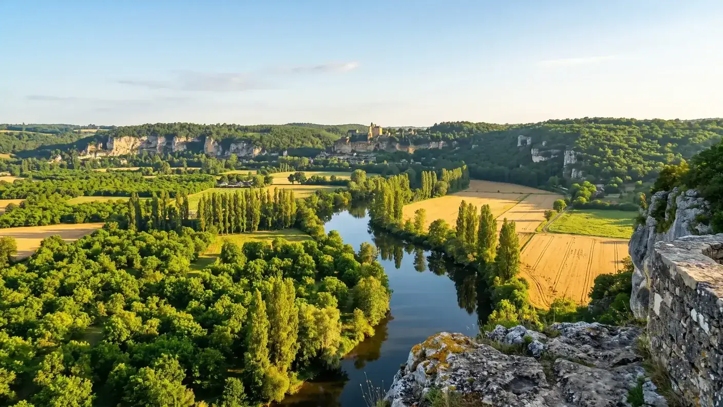 El valle del Dordoña visto desde el Domme, etapa de un día hacia Beynac con chófer