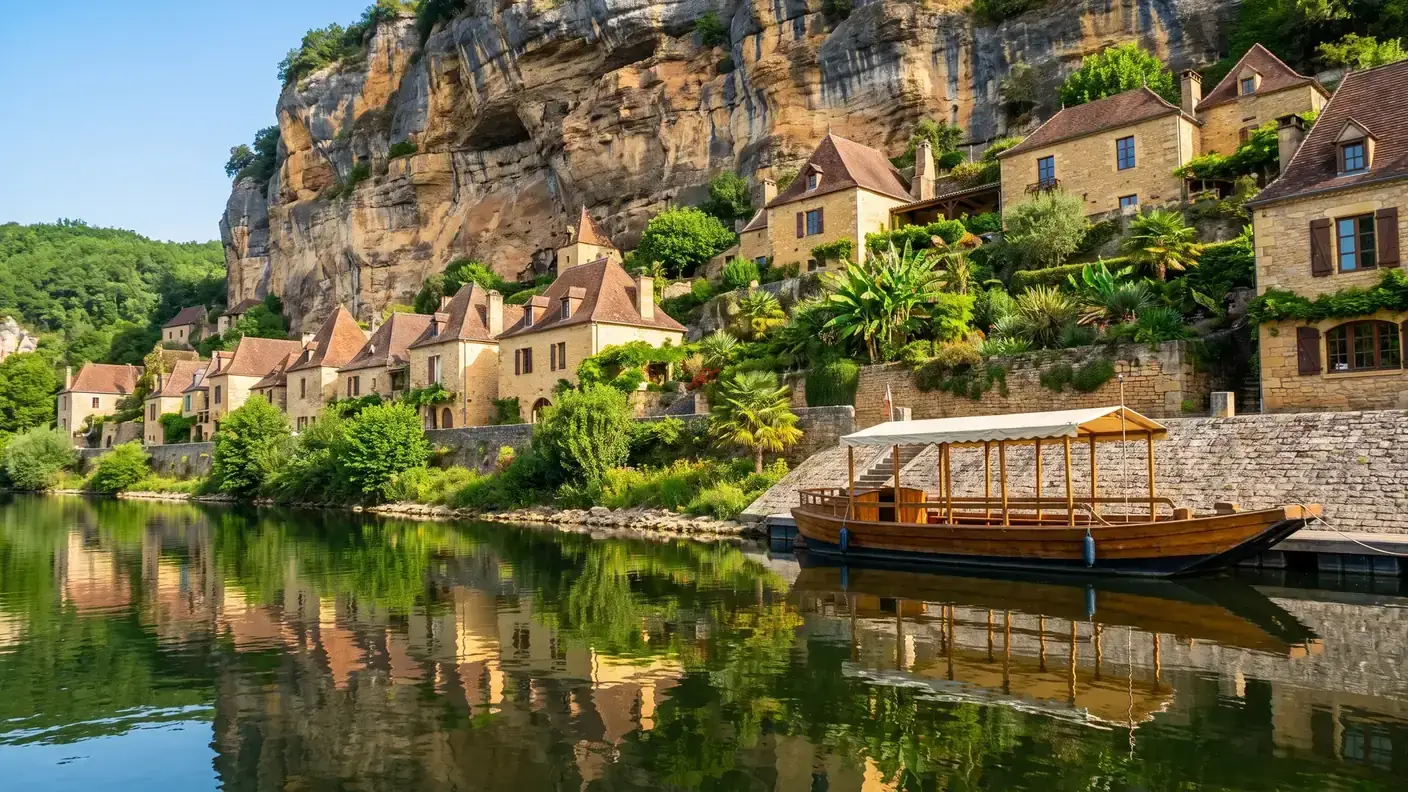 La Roque-Gageac, a orillas del río Dordoña, etapa de un día desde Domme en el Périgord Noir