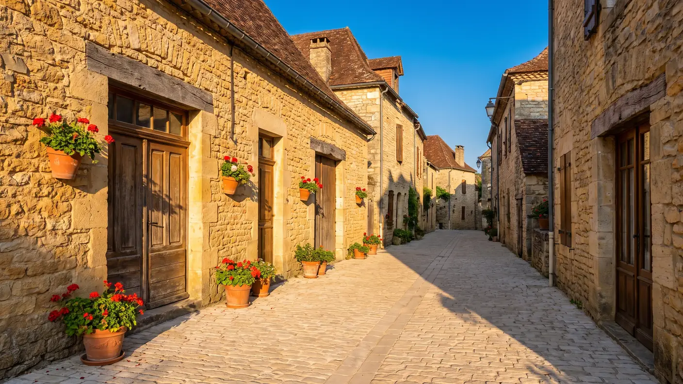 Callejuela flanqueada por casas de piedra en un pueblo del Quercy