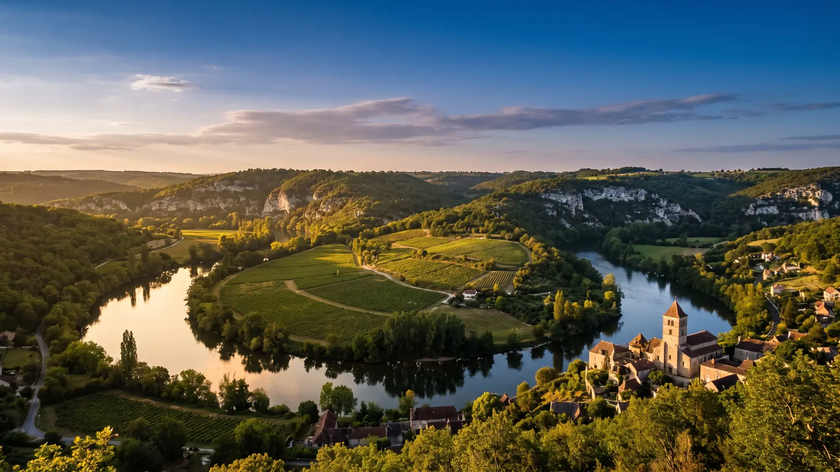 Panorama de los meandros del Lot y las mesetas calcáreas del Quercy