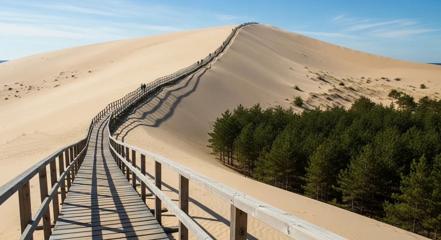 Escalera de madera para subir a la cima de la Duna de Pilat, con barandilla y peldaños en la pendiente arenosa