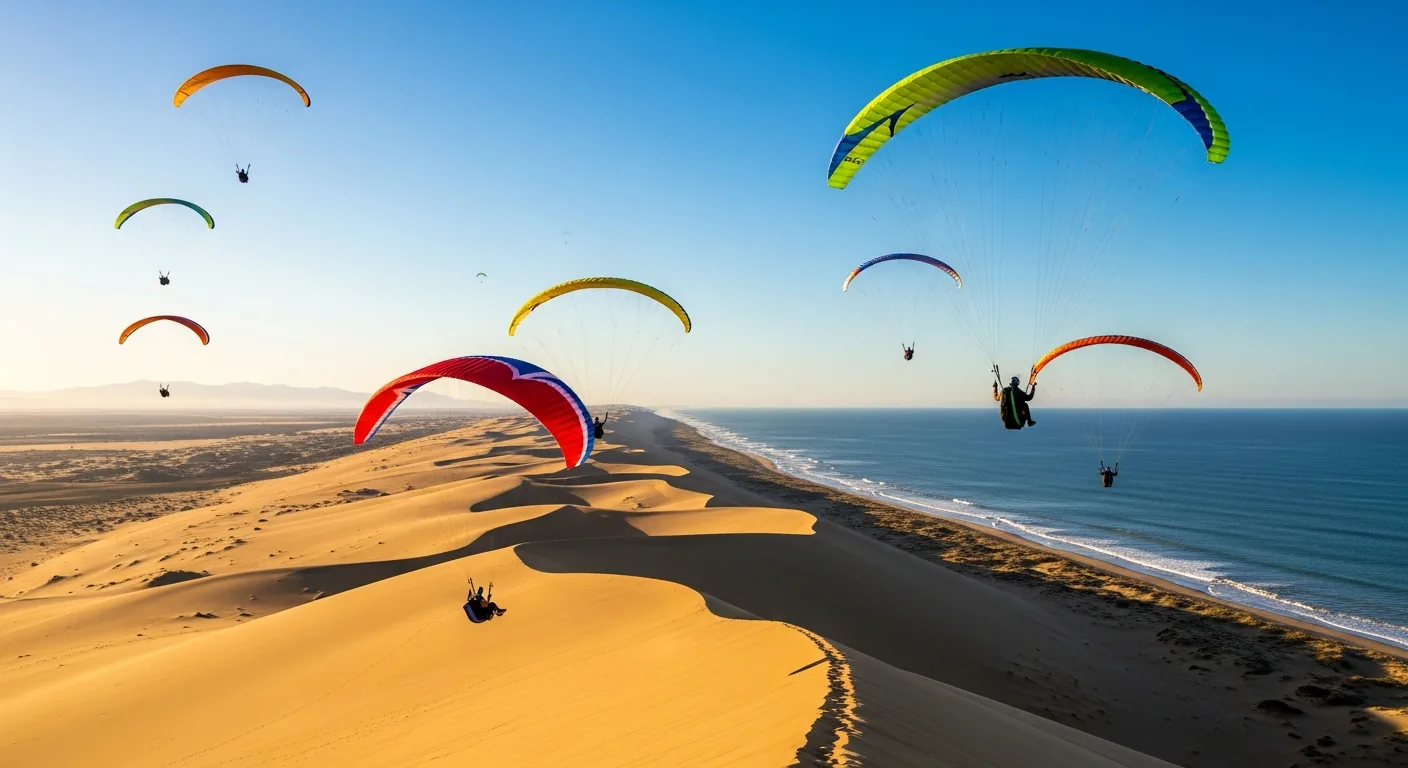 Parapentes de colores volando sobre la Duna de Pilat, con vistas al Banc d'Arguin y al océano