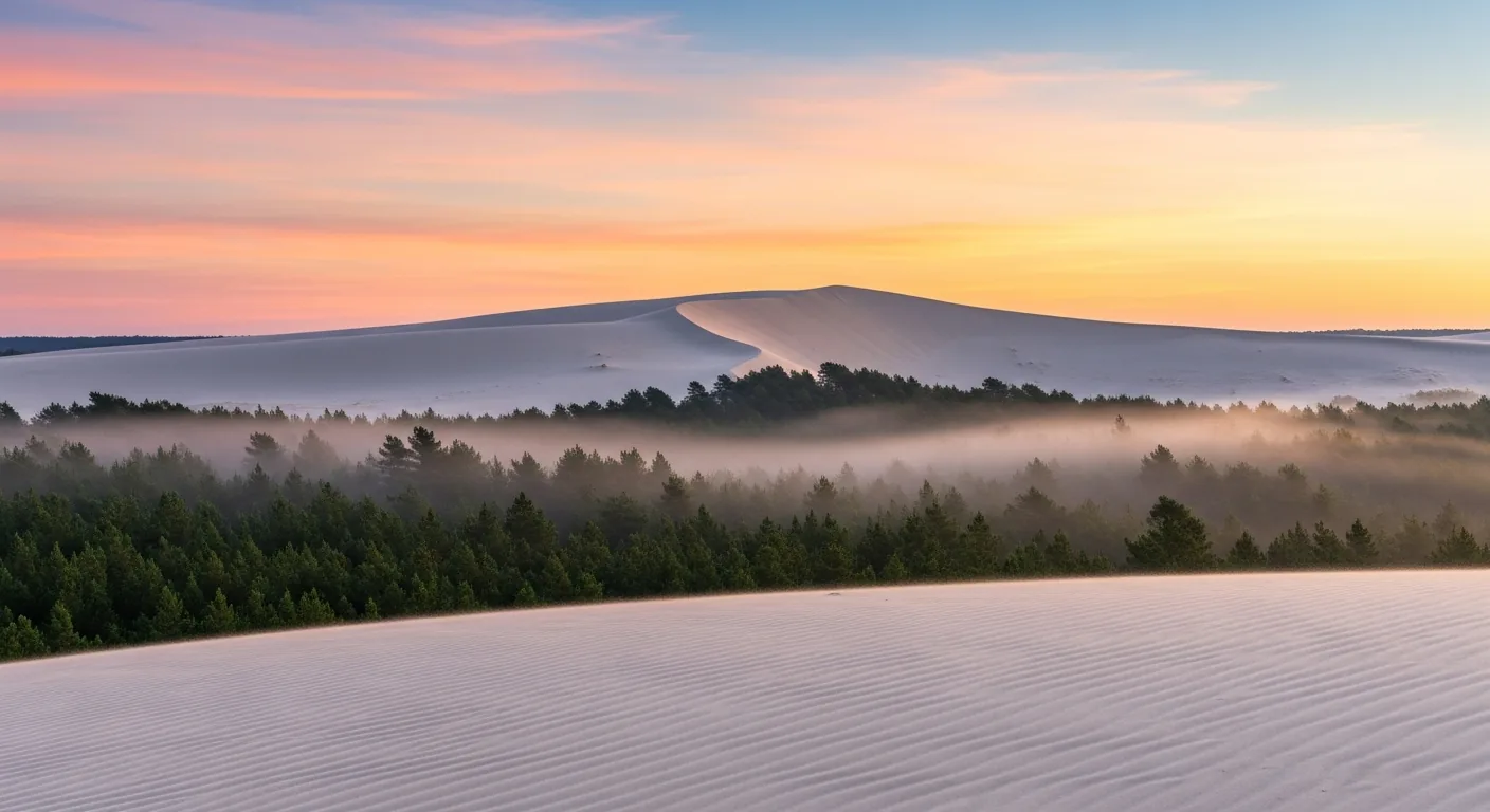 Amanecer en la Duna de Pilat, con una bruma dorada entre la cresta de arena y el bosque de pinos