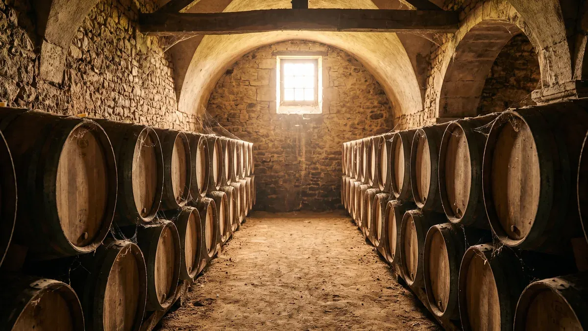 Una bodega de las Côtes de Duras, barricas de roble en la penumbra, etapa de un día de camino hacia Bergerac y sus viñedos
