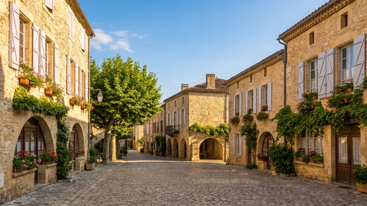 Calle antigua flanqueada por casas de piedra en Duras