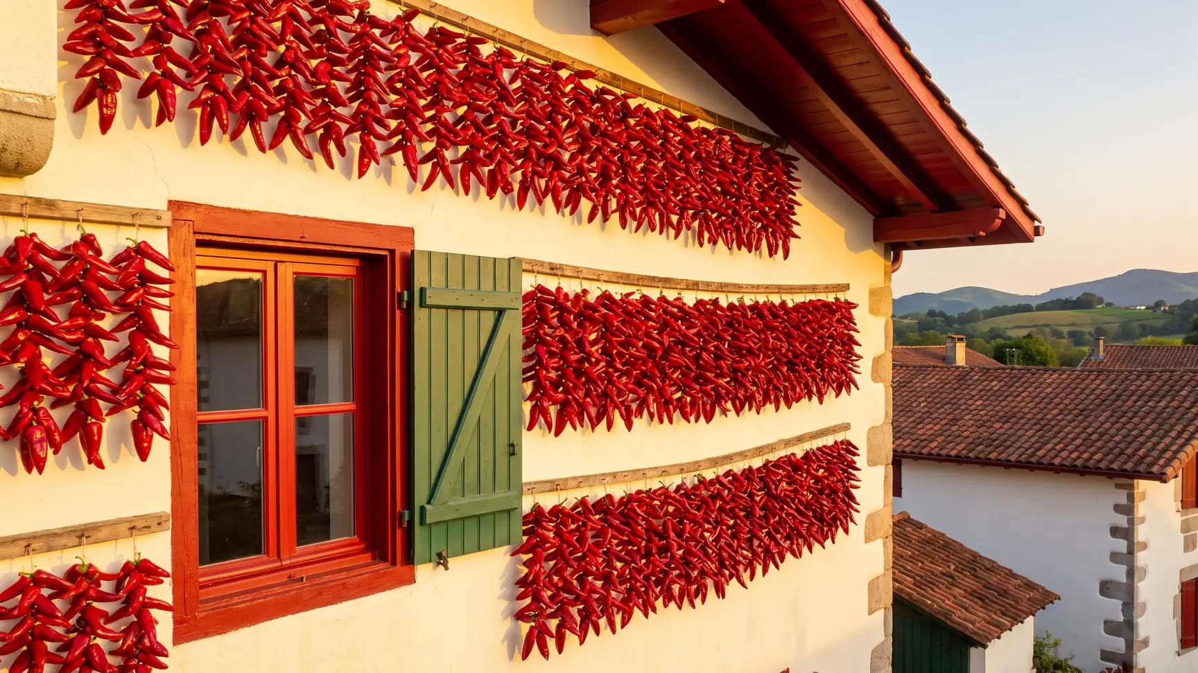 Guirnaldas de pimientos rojos secándose en una fachada de Espelette