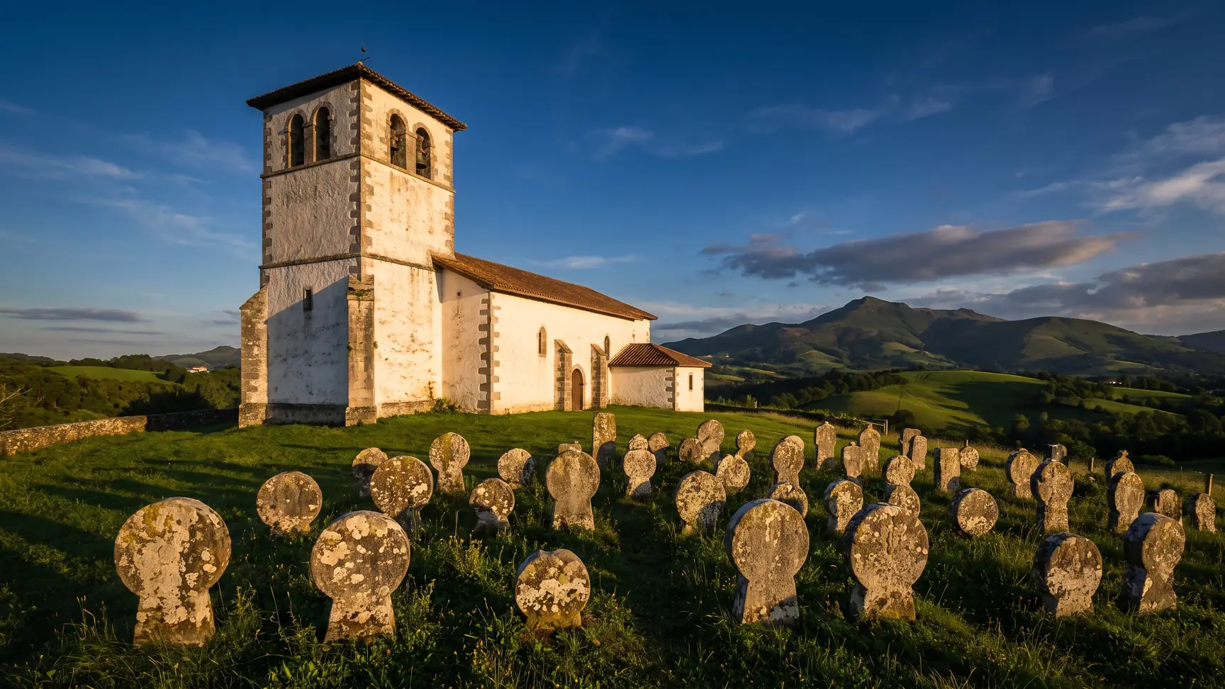 Iglesia de San Esteban de Espelette y estelas discoidales del cementerio