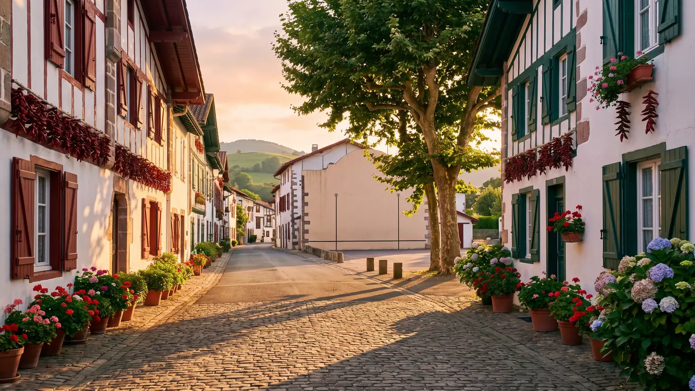 Calle de Espelette, flanqueada por casas blancas y rojas