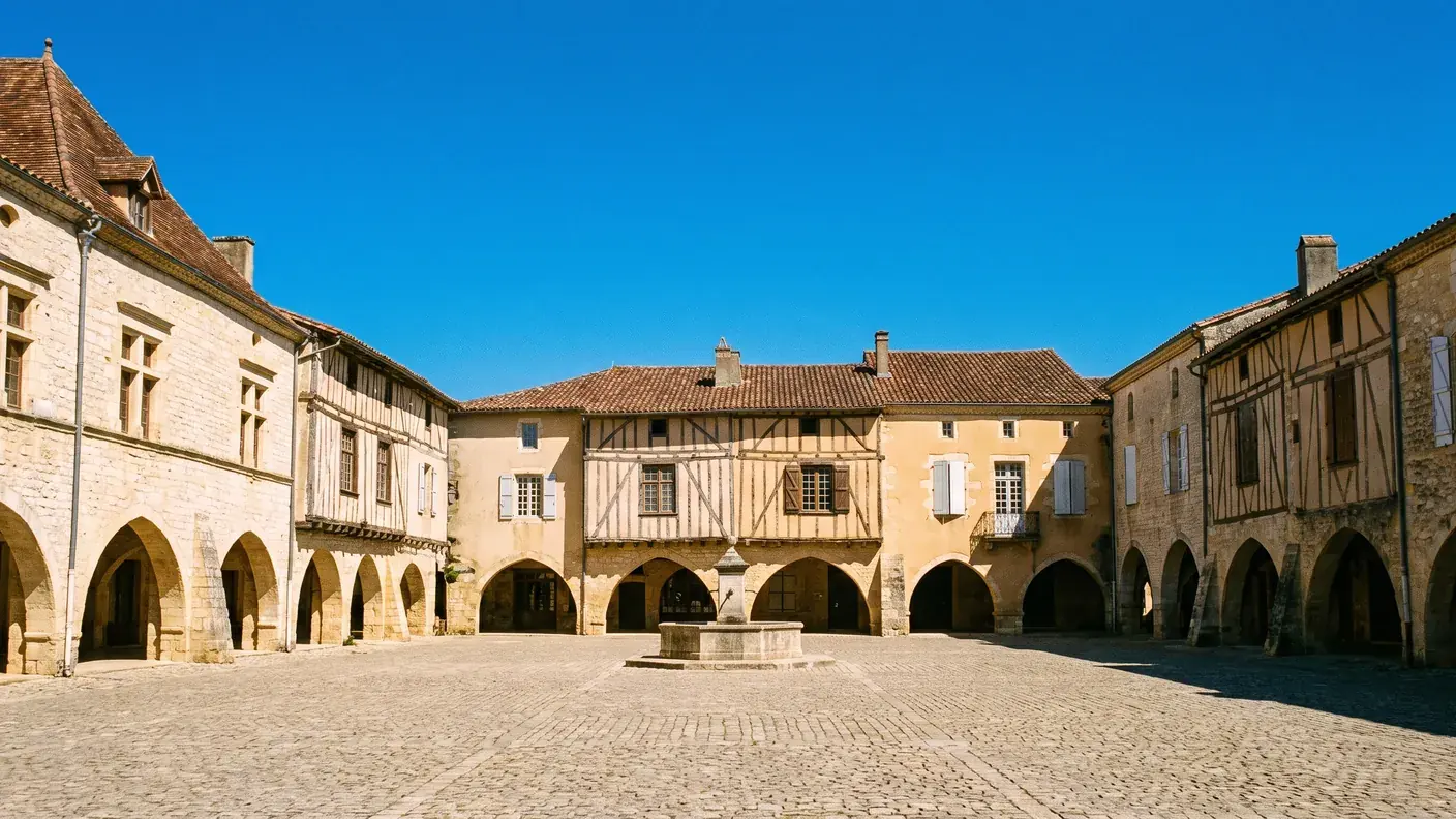 La plaza con arcadas de Eymet, una bastida medieval situada a 18 minutos de Loubès-Bernac
