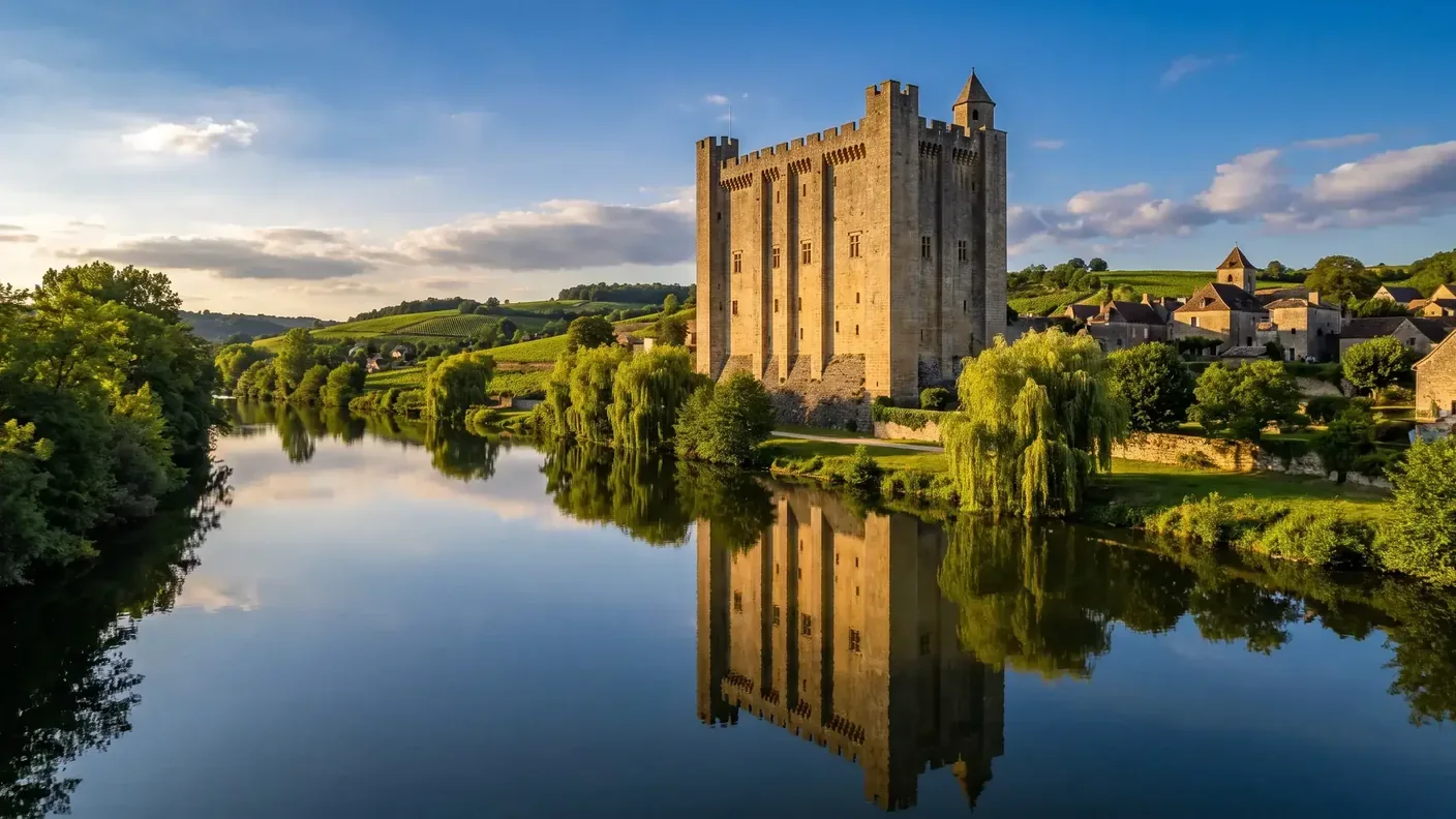 La fortaleza medieval de Eymet reflejada en el río Dropt