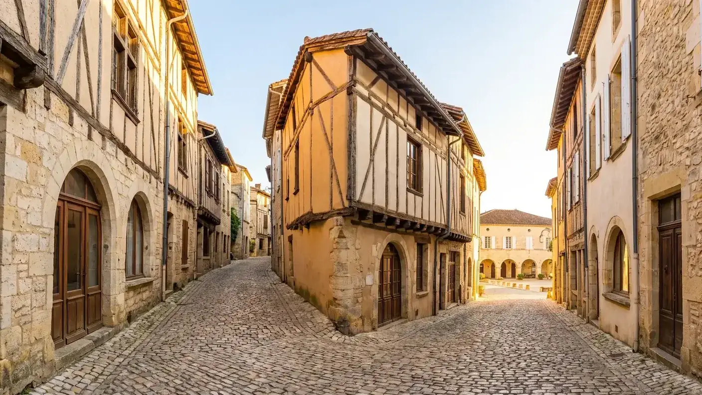 Calle medieval de Eymet flanqueada por casas con entramado de madera