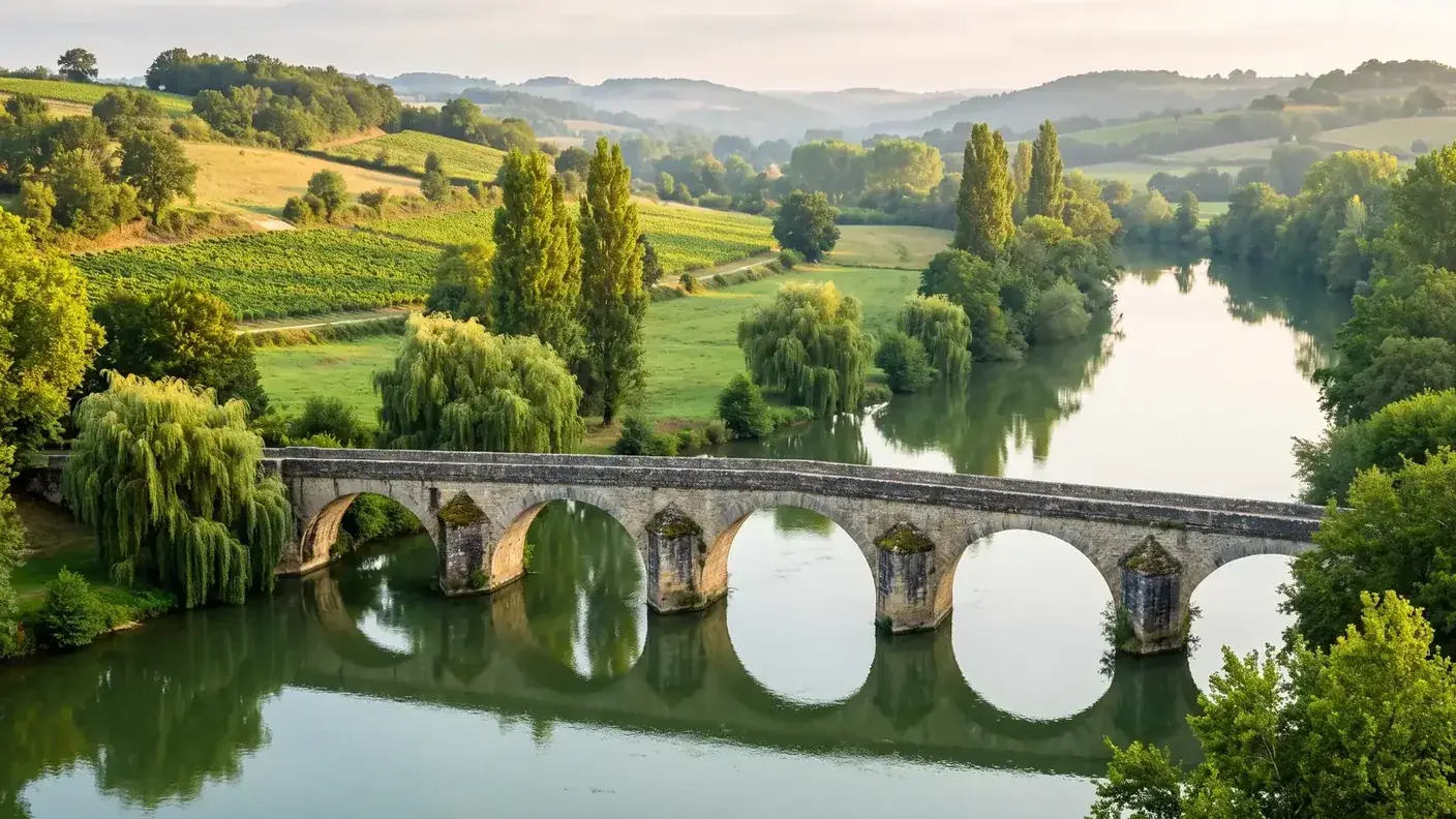 El río Dropt y el antiguo puente de piedra cerca de Eymet