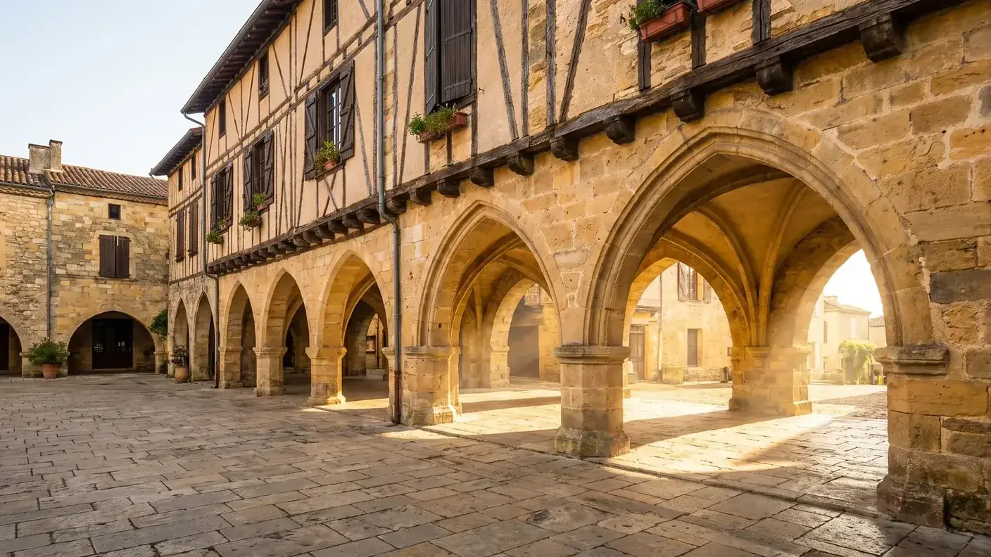 Arcos de piedra de la plaza Gambetta en Eymet