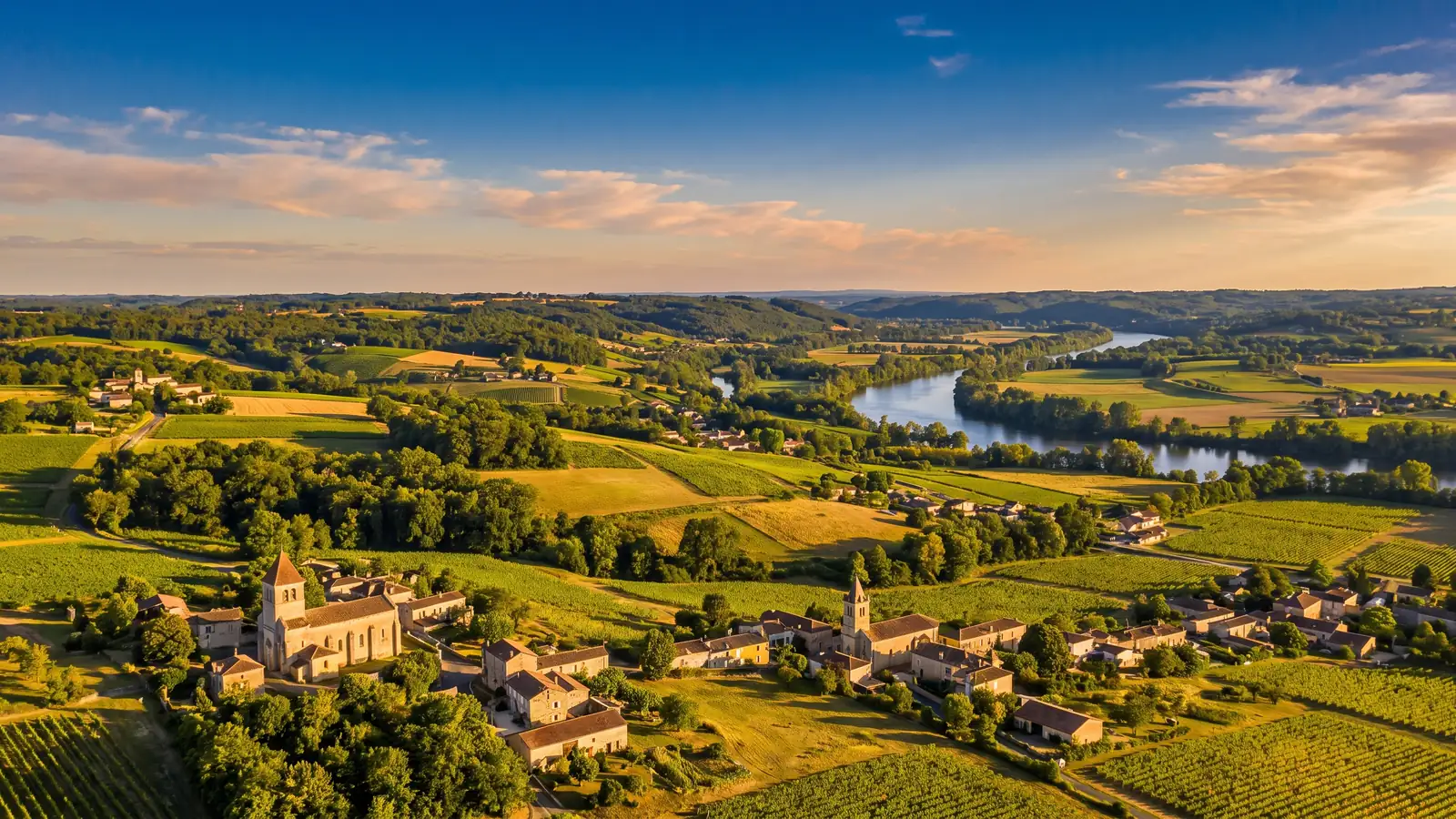 Una vista panorámica del Pays Foyen: viñedos, campos y caseríos que descienden hacia un gran meandro del río Dordoña