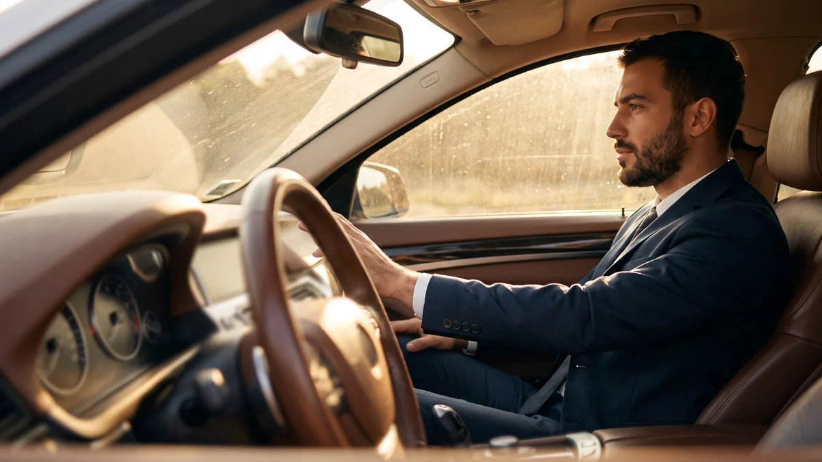 A professional chauffeur, fully focused behind the wheel of a sedan, driving through the streets of Bordeaux