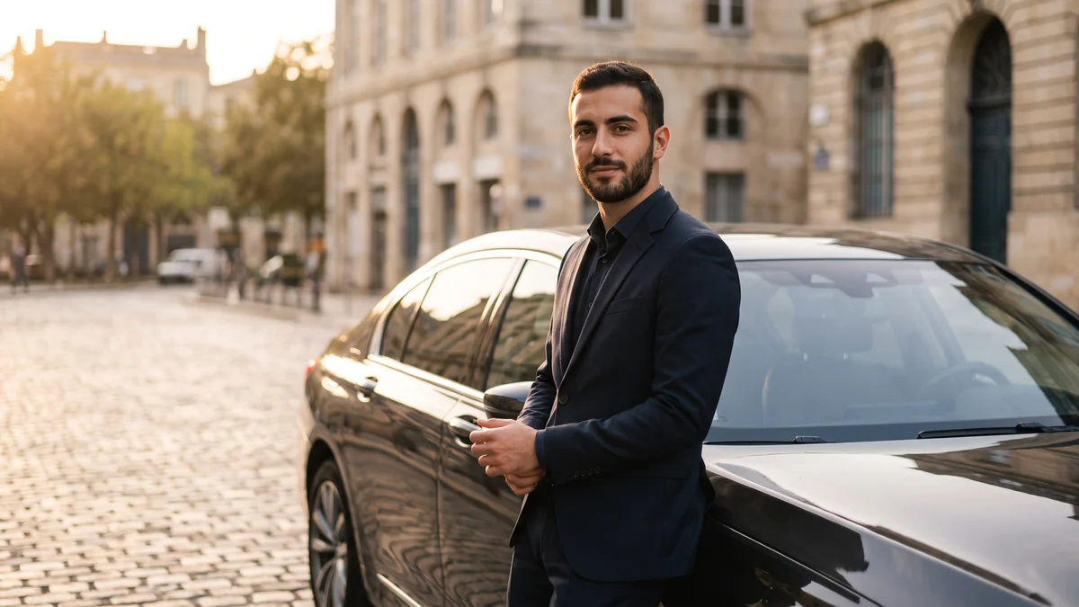 Portrait of a professional chauffeur in a dark suit, smiling, in Bordeaux