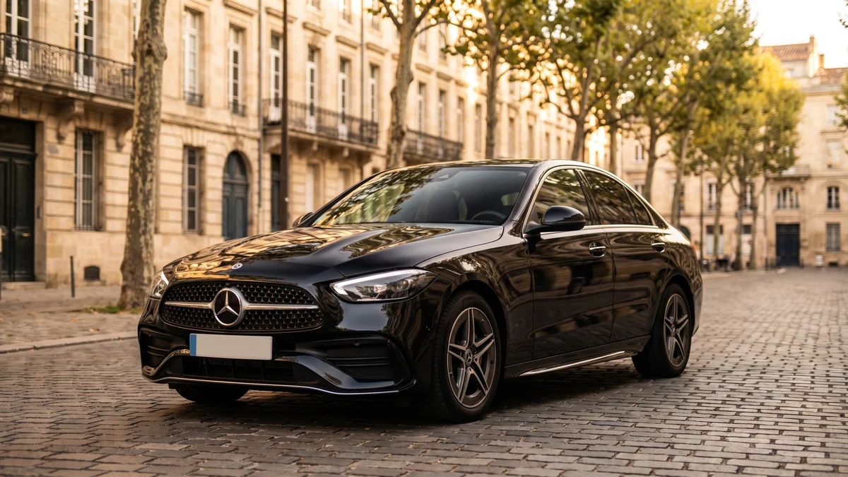 A Mercedes C-Class sedan driven by a trainee driver on a street in Bordeaux
