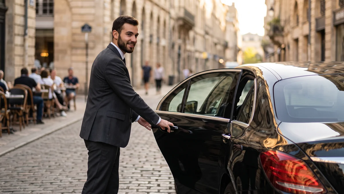 A professional chauffeur opening the rear door of a sedan to welcome a client in Bordeaux