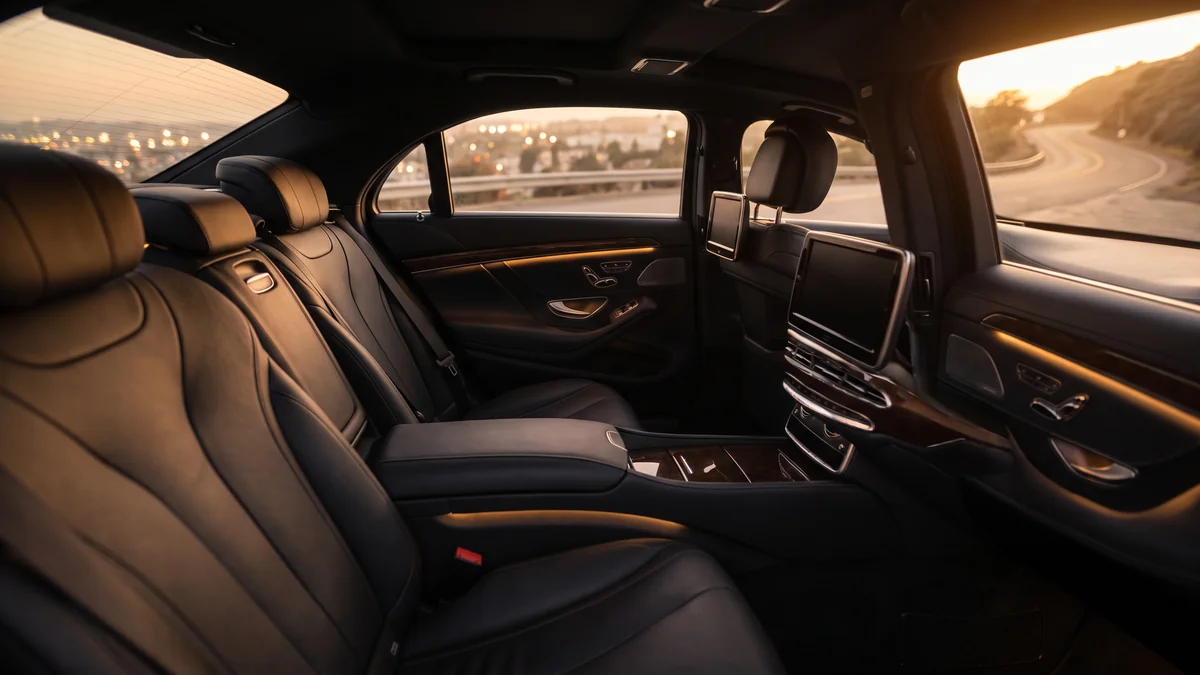 Well-maintained leather interior of a professional chauffeur-driven sedan with spacious rear seats