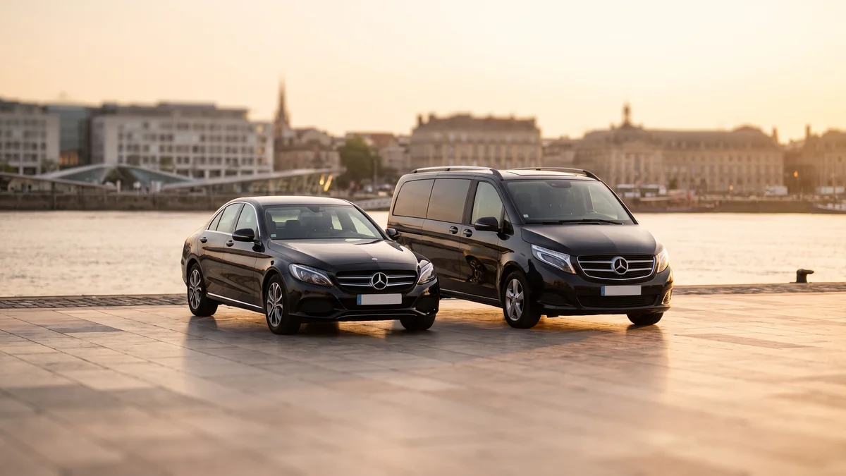 A fleet of black sedans and service vans with professional chauffeurs lined up, a symbol of career success and business in Bordeaux