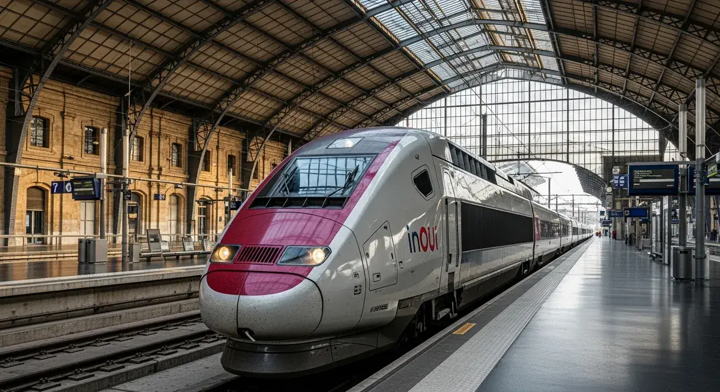 El TGV INOUI en el andén de la estación de Burdeos Saint-Jean: el coche con conductor sigue tu tren en tiempo real
