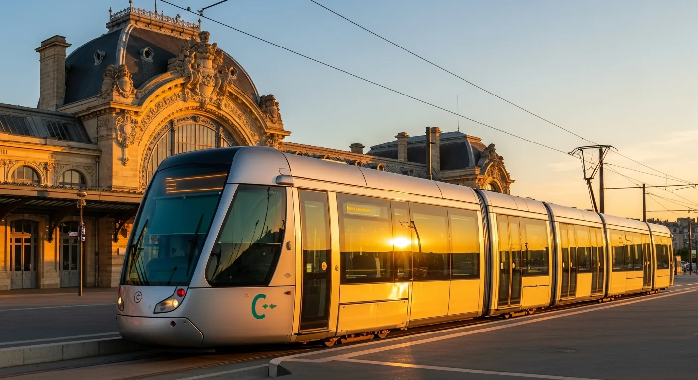 Línea C del tranvía en la explanada de la estación de Saint-Jean — acceso y servicio de traslado puerta a puerta con chófer profesional