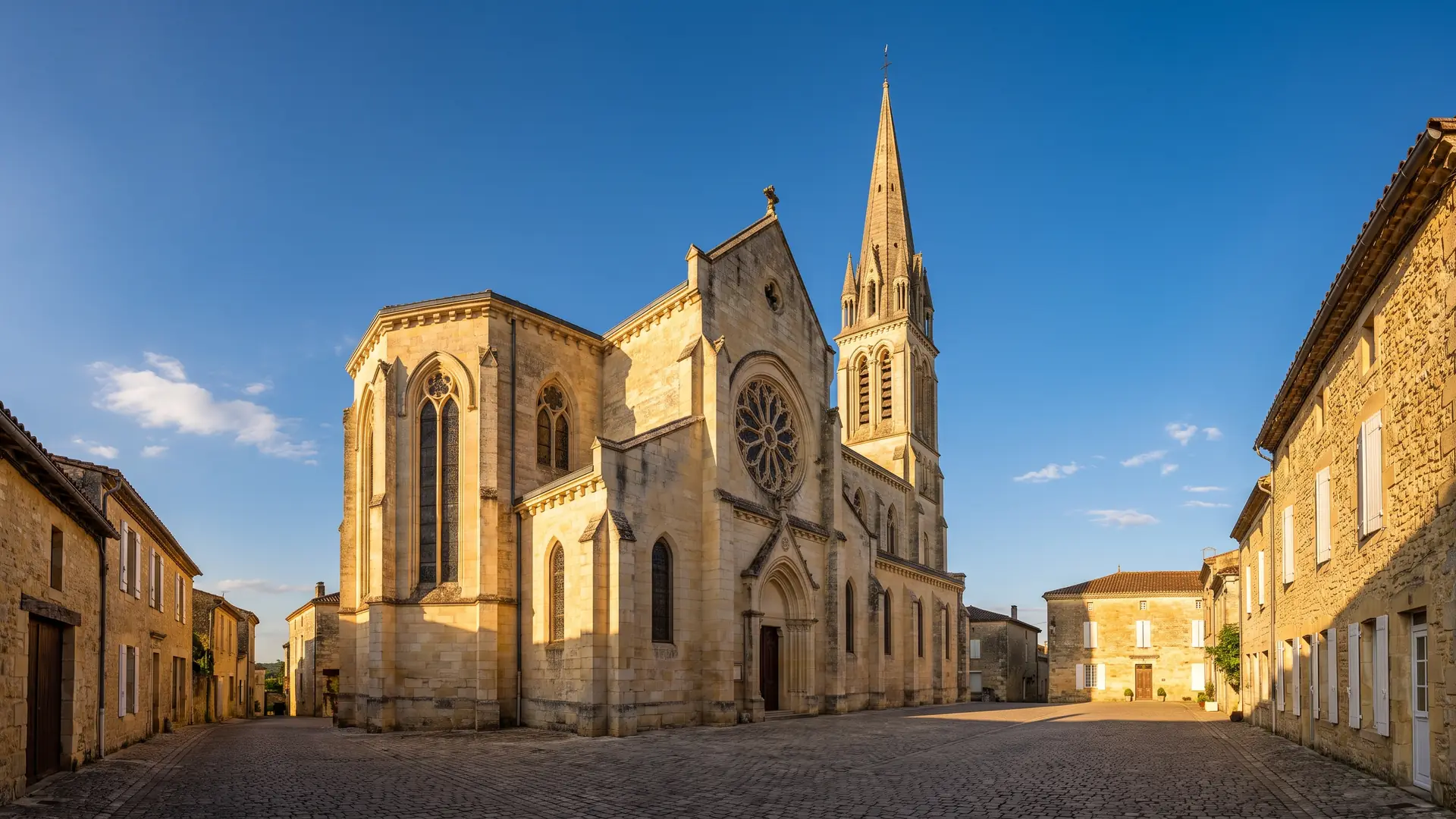 Una iglesia de pueblo de estilo neogótico, construida en piedra, con arcos apuntados y una esbelta aguja, situada en una pequeña plaza