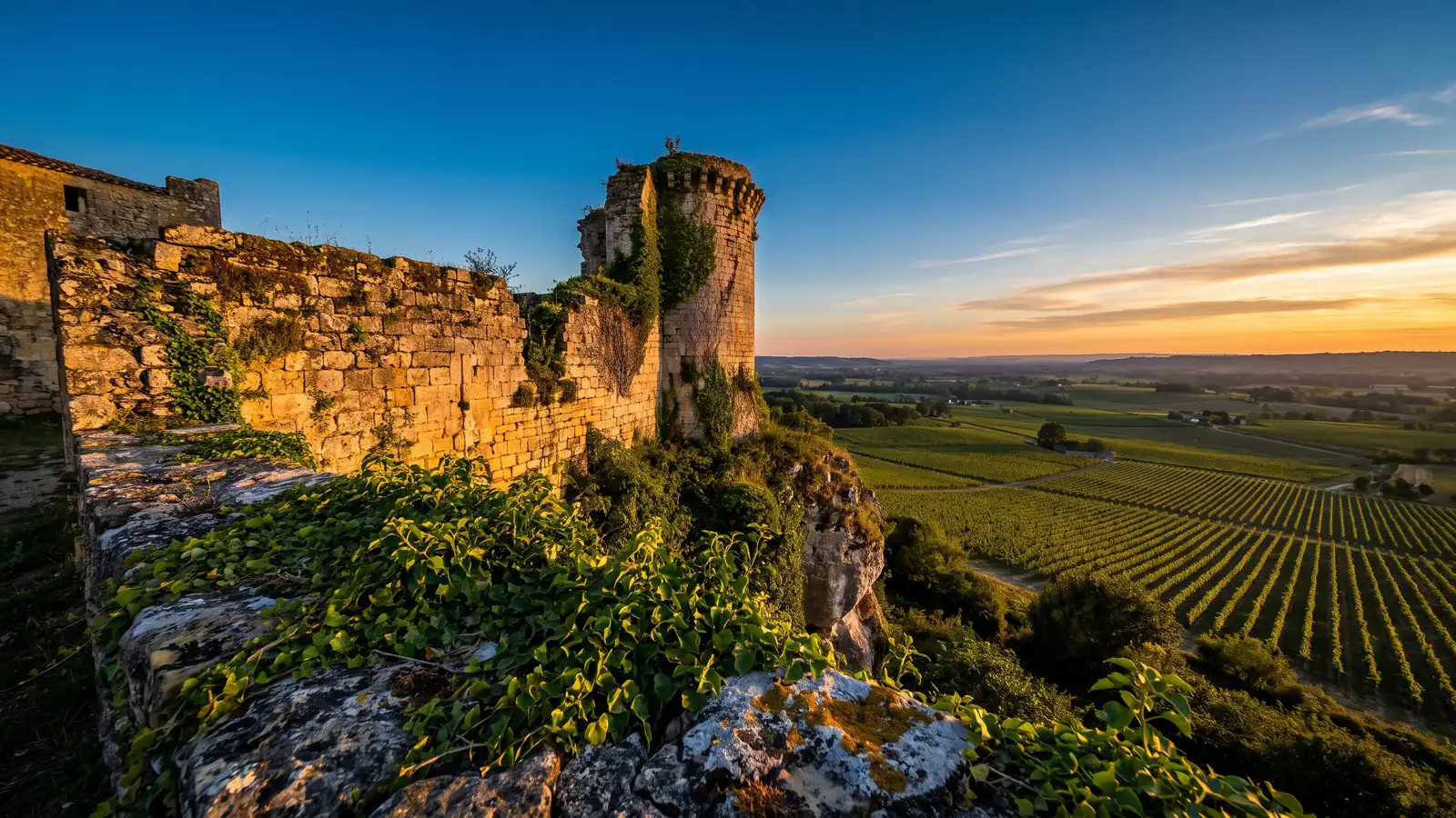 Murallas medievales y una torre en ruinas cubierta de hiedra sobre un espolón rocoso que domina los viñedos, al atardecer
