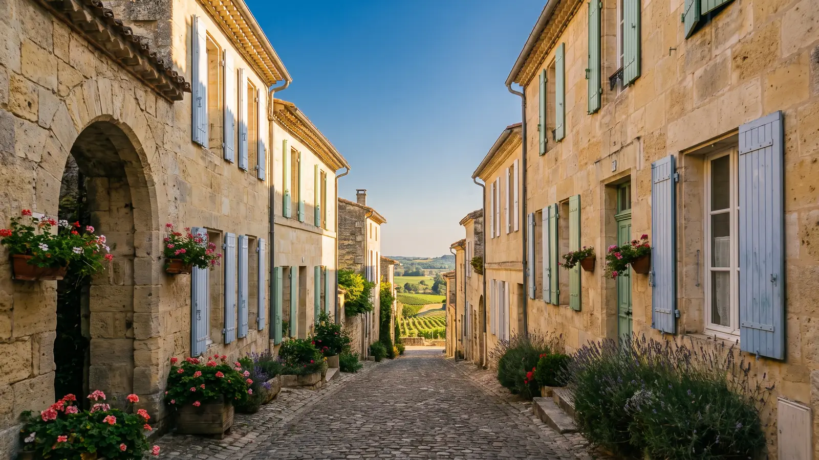 Una callejuela empedrada de un pueblo encaramado, con casas de piedra con contraventanas en tonos pastel y jardineras, que da al valle de los viñedos