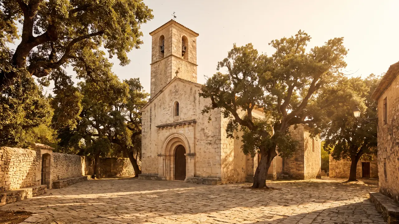 Modesta iglesia antigua de piedra clara en Gujan-Mestras, con un campanario cuadrado rodeado de árboles centenarios y una cálida luz del atardecer