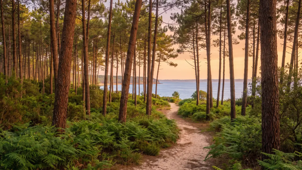 Bosque de pinos marítimos cerca de Gujan-Mestras, bañado por una luz cálida, con troncos esbeltos, un tapiz de helechos y un sendero
