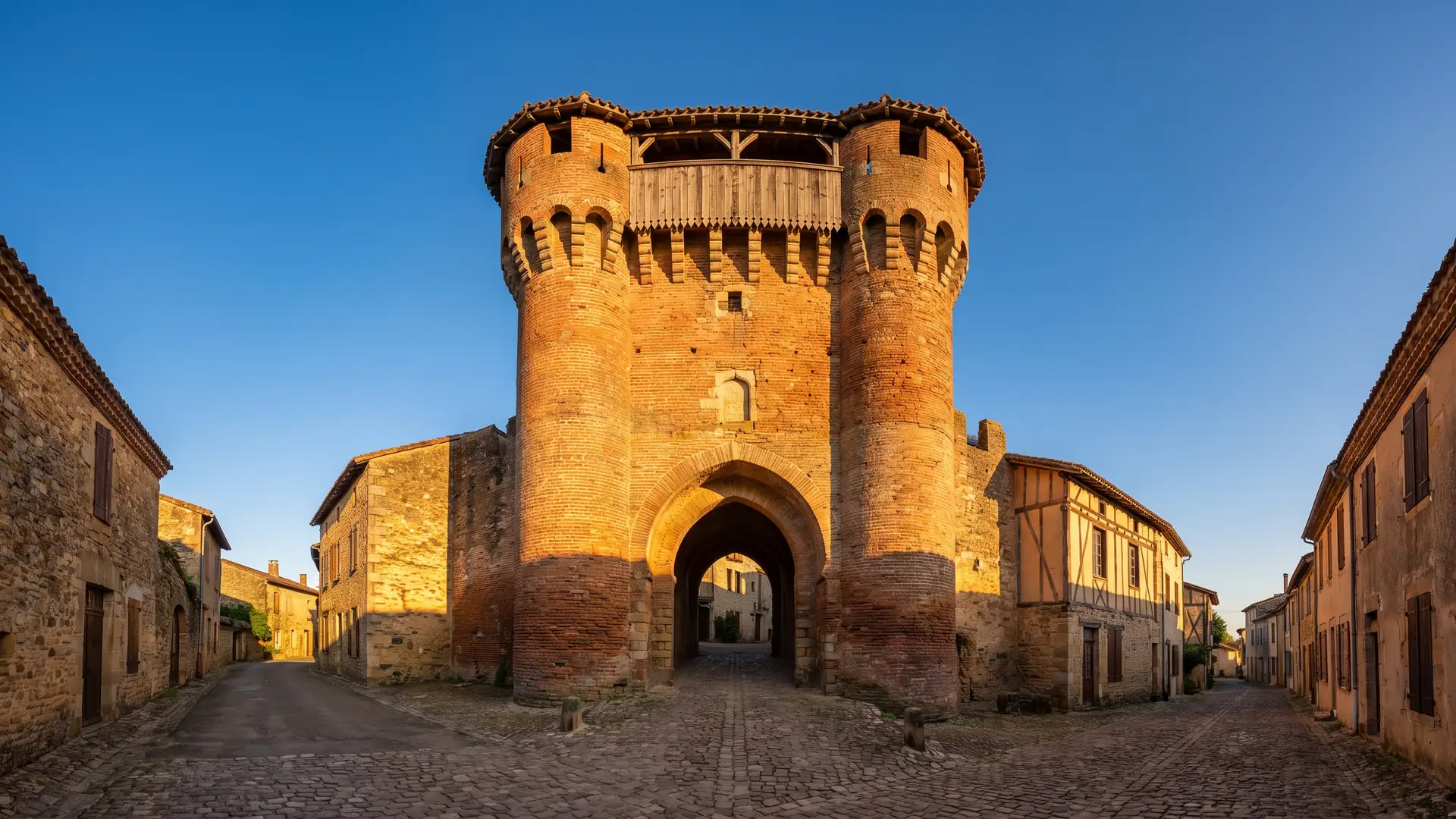 Una imponente torre-puerta medieval de ladrillo rojo, con almenas y adobas de madera, en un pueblo gascón de las Landas