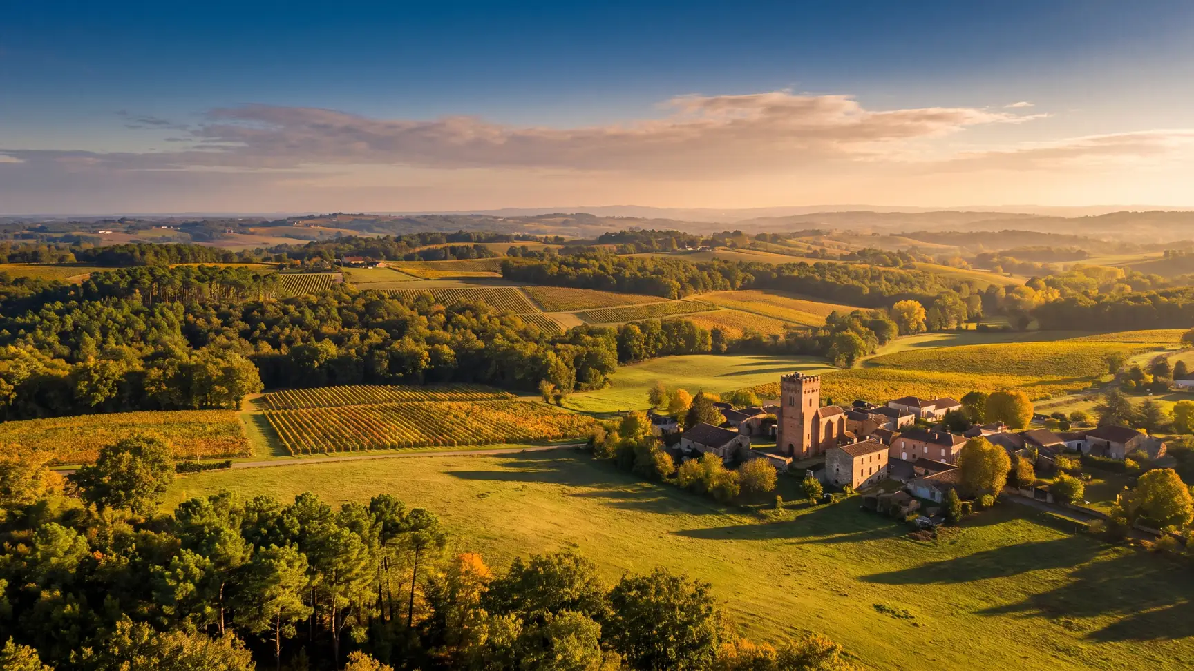 Una amplia panorámica del Bajo Armagnac: viñedos, bosques y prados ondulados, con un pueblo y su campanario a lo lejos