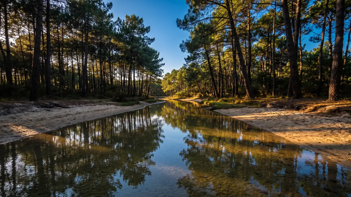Un canal de aguas cristalinas que serpentea entre orillas boscosas de altos pinos marítimos, en las Landas
