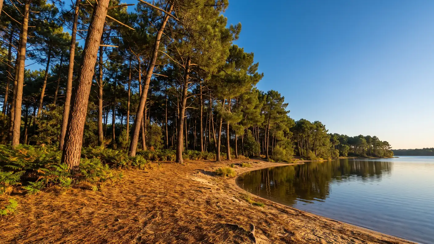Grandes pinos marítimos que bordean la orilla de un lago tranquilo en la costa sur de las Landas, con sus troncos rojizos reflejados