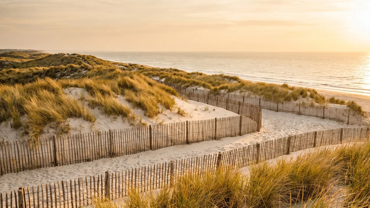Vallas de madera (ganivelles) que atraviesan una duna de espartinas hacia el océano en Hourtin-Plage, bajo la cálida luz de la tarde