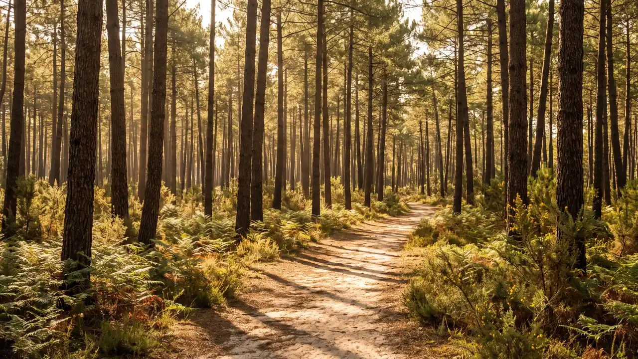Bosque llano de pinos marítimos del Médoc en Hourtin, con troncos esbeltos, helechos y un sendero arenoso
