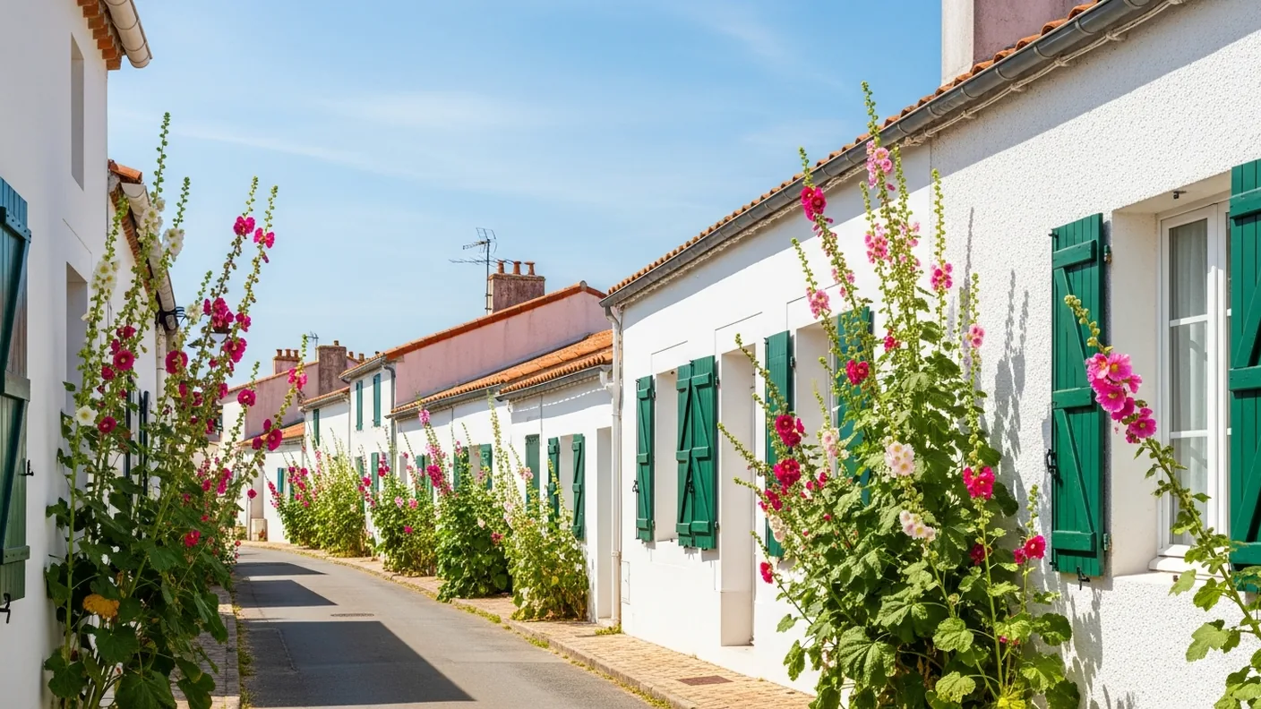 Un village blanc de l'île de Ré et ses roses trémières, étape de journée depuis Les Portes-en-Ré vers Saint-Martin-de-Ré