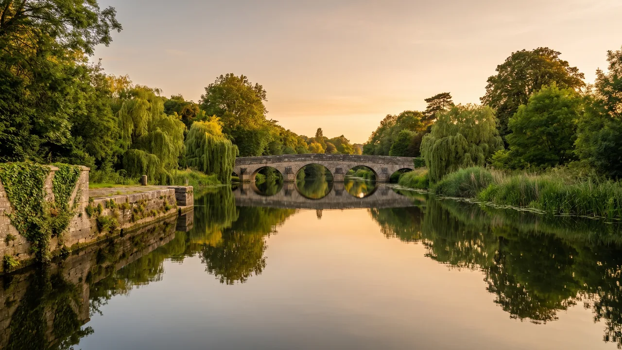 Las verdes orillas del Charente en Jarnac al atardecer, con el muelle de piedra y el puente en arco reflejados en las tranquilas aguas