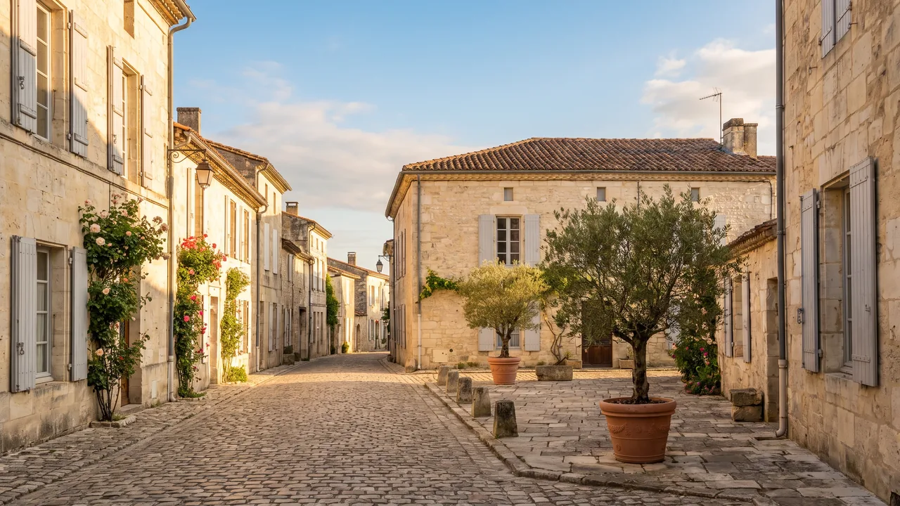 Antigua callejuela de Jarnac, casas de piedra clara con contraventanas y una pequeña plaza, adoquines y luz cálida, sin coches