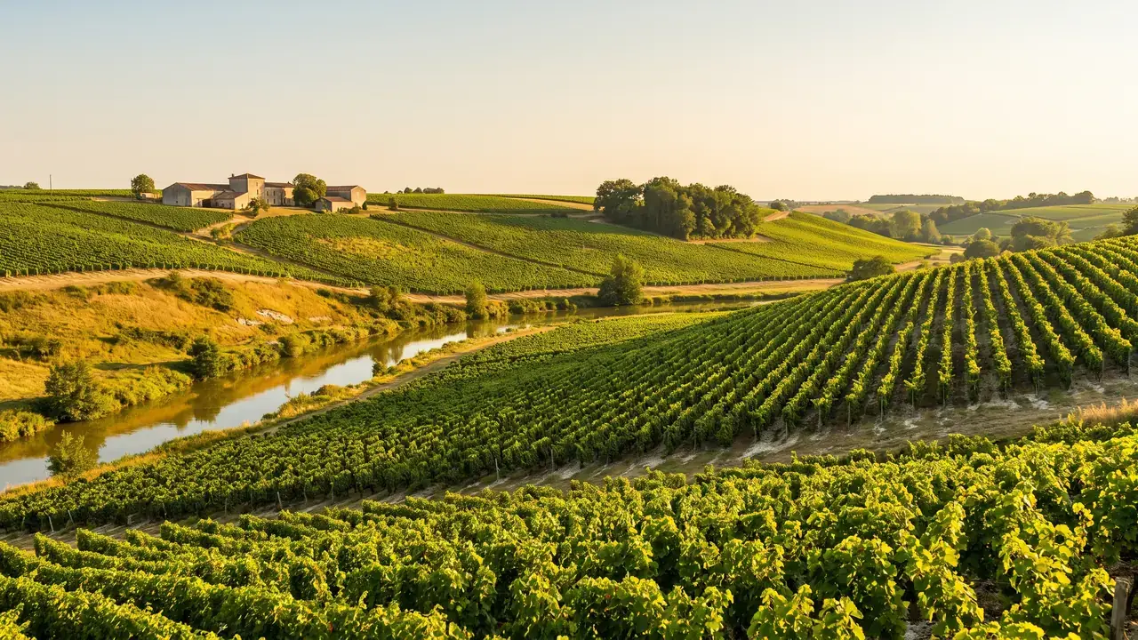 Filas de viñedos de coñac en una ladera calcárea de Charente, junto a un río; follaje de un verde intenso, luz cálida